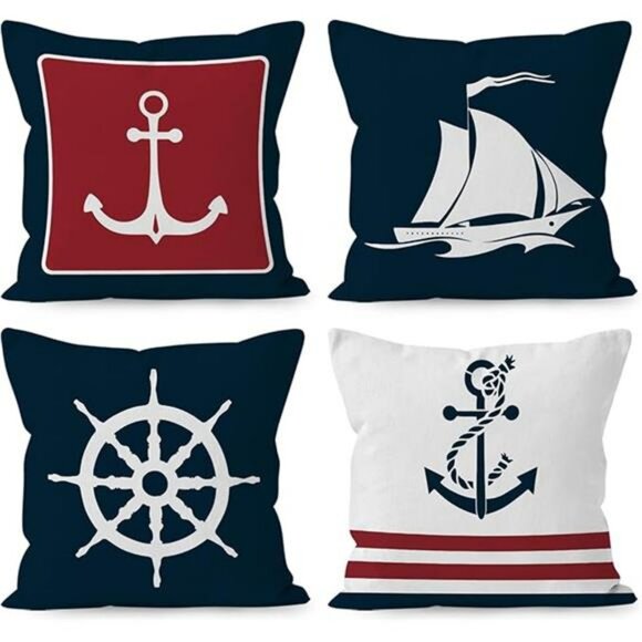 Navy Blue Nautical Anchor Pillow Covers 18x18 Set of 4 Ocean Coastal Boat Decor - Picture 8 of 8